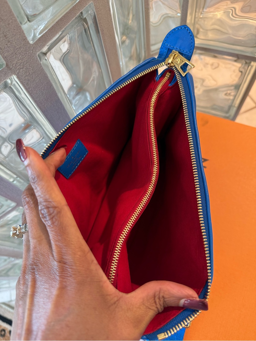 Louis Vuitton Blue & Red Quilted Monogram Coussin PM Bag with Gold Chain & Strap - Picture 9 of 14
